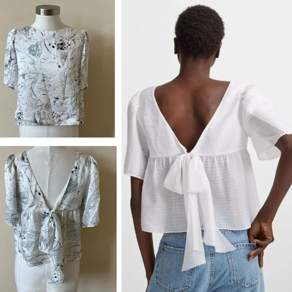 Club Monaco Ahlam Silk Seaside Print Tie Back Top 26060